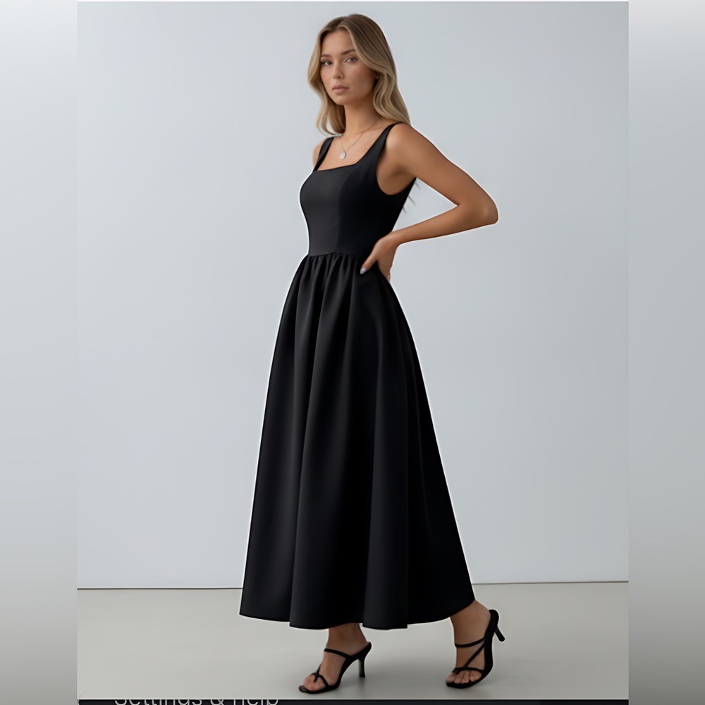 Classic Sleeveless V-Neck Ruffled Waist Fitted Midi Dress Black - Picture 3 of 11